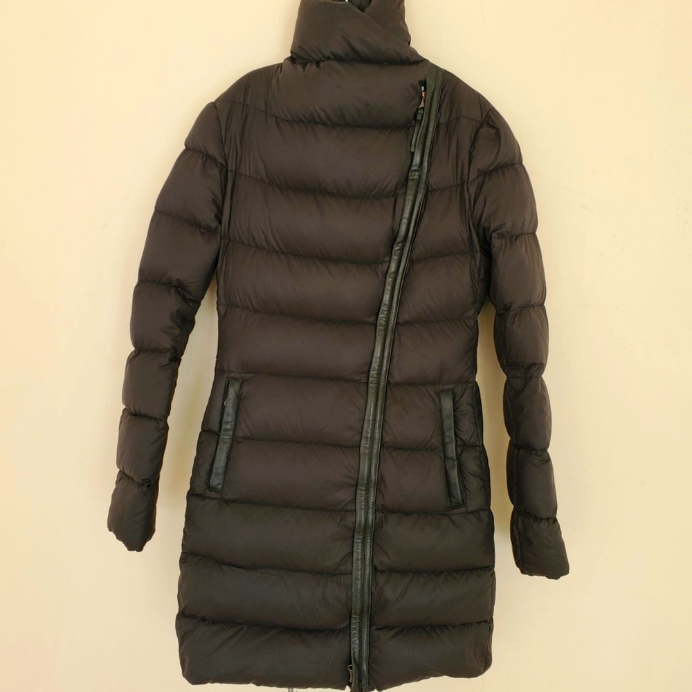 Mackage Yara Lightweight Black Down Puffer Coat, Leather Trim
